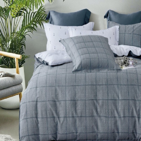 Housse de couette réversible 220x240 Azulejo gris 100% Coton 80 fils Percale